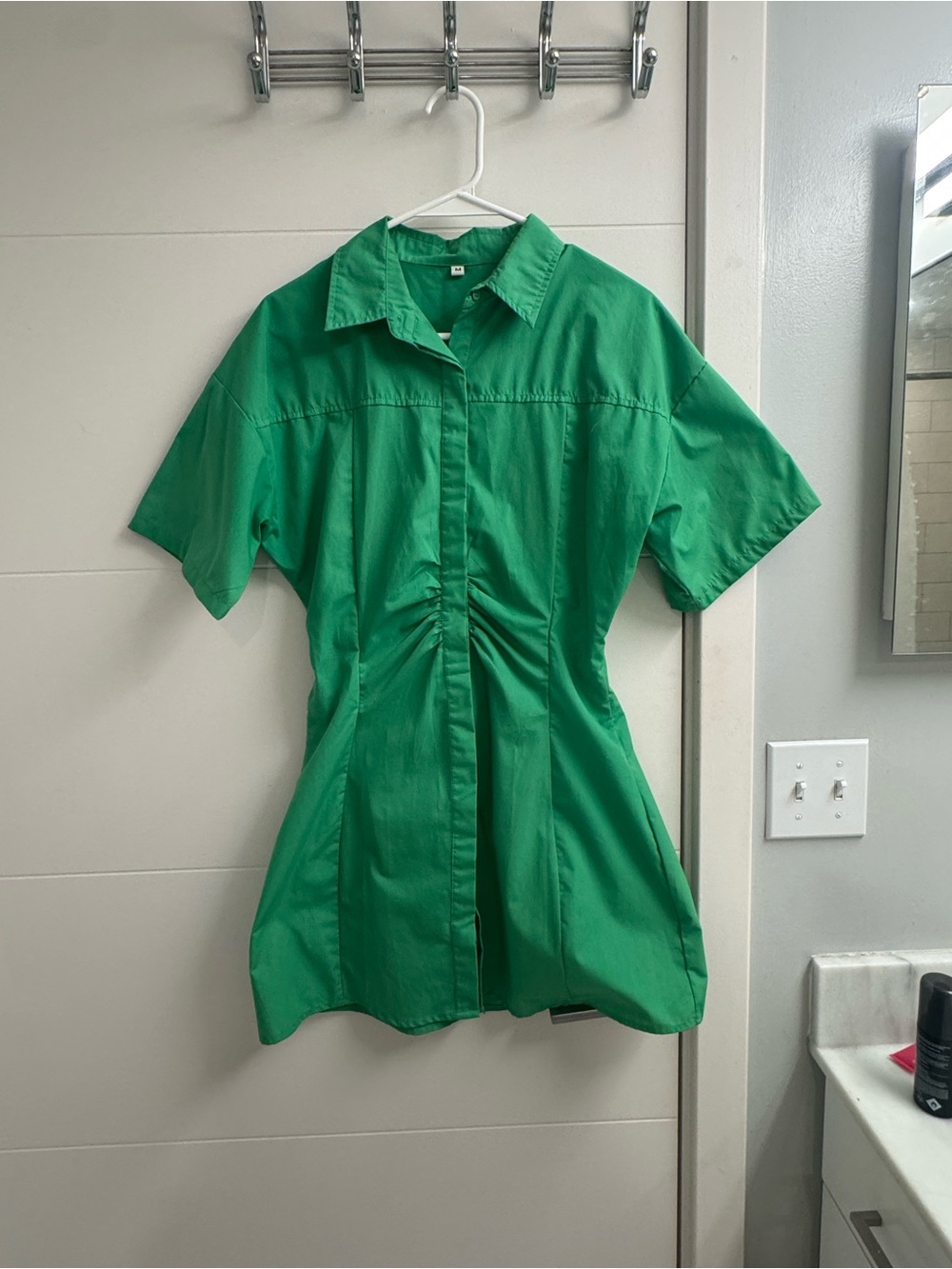 SHEIN Green, Drop Waist, Short-Sleeve Button-Front Mini Dress